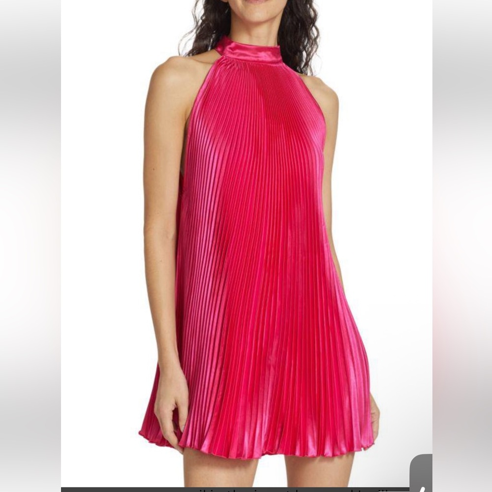 Sleeveless High-Neck Hot Pink Pleated Mini Dress